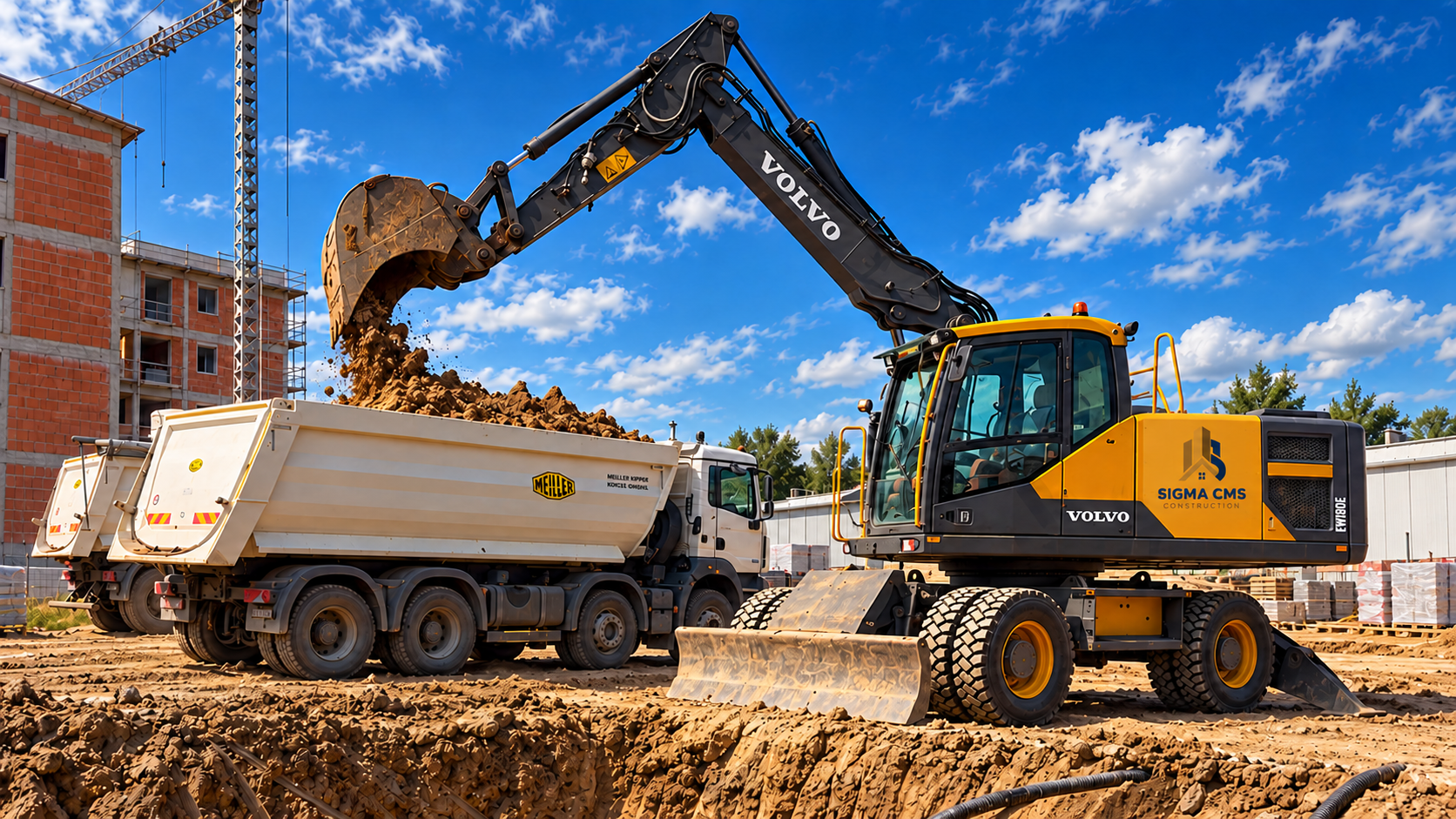 Volvo bager sa oznakom Sigma CMS Construction tokom utovara materijala u kamion, obrađena fotografija